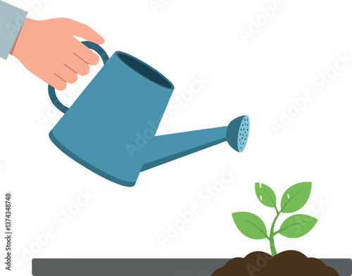 Hand watering a small green plant with a blue watering can in flat vector art