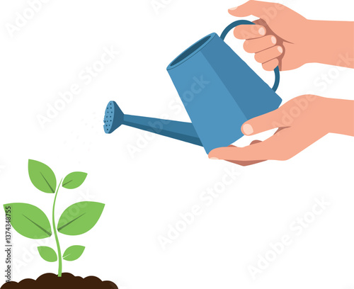 Hands pouring water from a blue watering can onto a small green plant in flat vector art