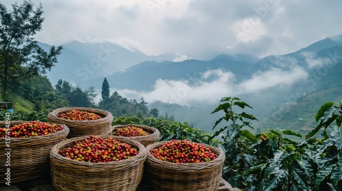 Coffee cherries in woven baskets, freshly harvested and piled high, with green coffee plants and misty mountains in the background.