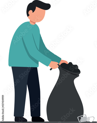 A man collecting trash in a black bag while cleaning a public space in flat vector art