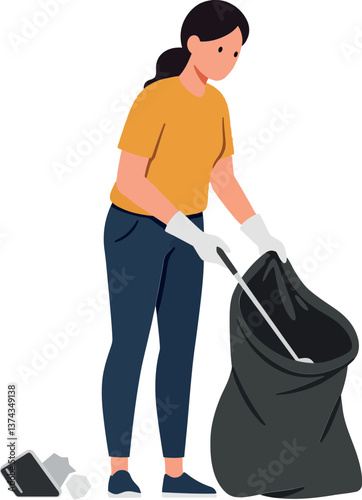 A woman cleaning up litter and collecting trash in a black bag with a minimal vector illustration