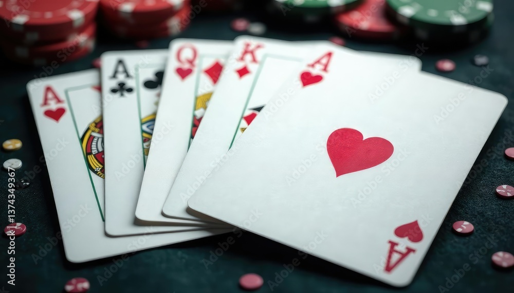 Obraz premium Playing cards arranged in a neat ace high pattern , cards, ace of diamonds, arrangement