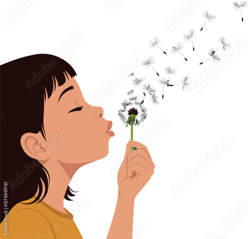 Young girl blowing dandelion seeds in a minimalistic style vector illustration