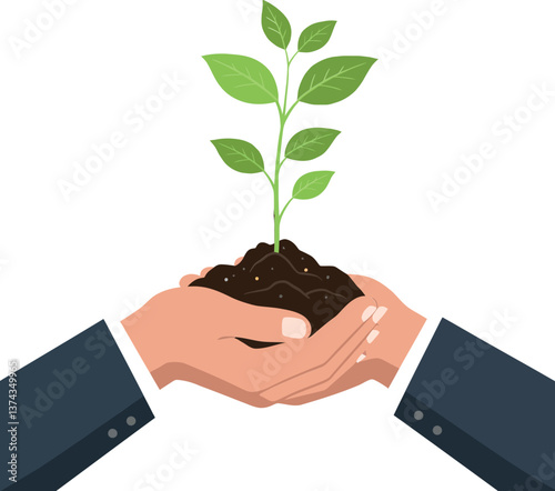 Hands holding soil with a green plant growing, flat vector illustration of nurturing nature