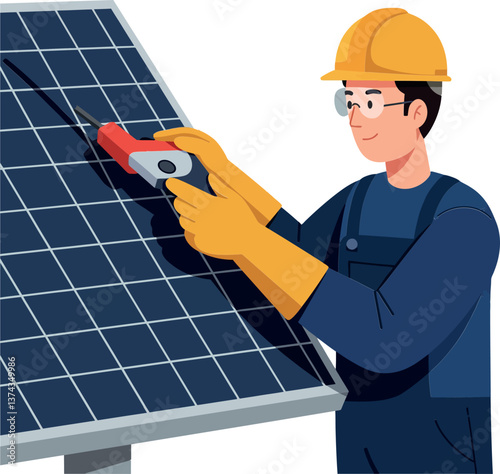 Technician working on solar panels with tools in a flat, modern style vector art
