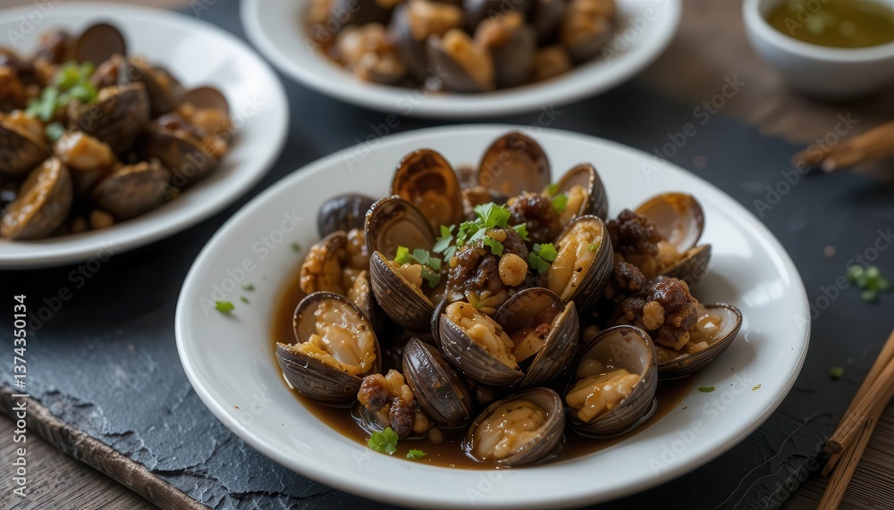 Close Up View of Clams in Black Bean Garlic Sauce Presented on White Plates with a Black Slate Board Close Up View of Clams in Black Bean Garlic Sauce Presented on White Plates with a Black Slate Board