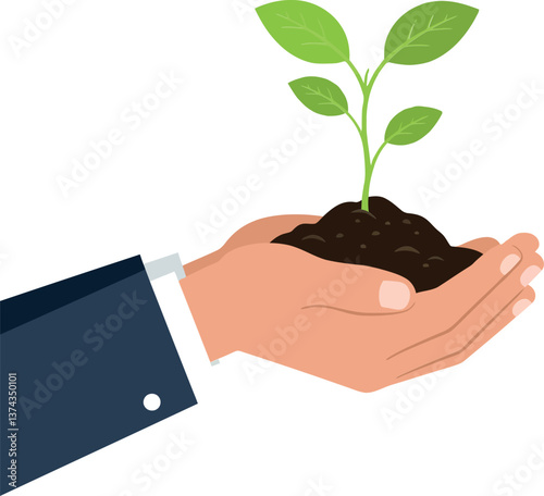 Hand holding a small plant with soil in a flat, minimal vector illustration