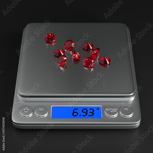 Precise digital scales with rubies on the black background. Front view. Jewelry industry. 3d rendering.