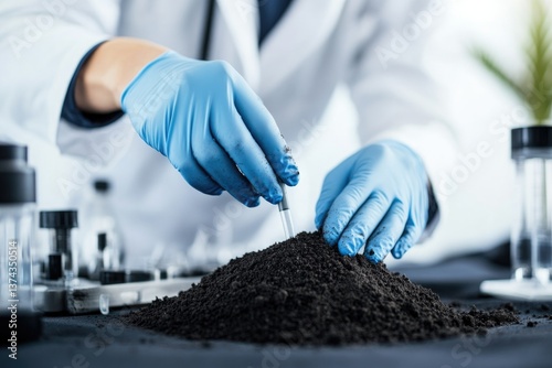 close-up of environmental scientist examining soil sample with gloved hands surrounded by laboratory equipment