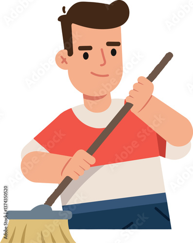 Young man cleaning the floor with a broom in flat vector art style