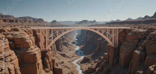  Canyon Crossing An awe inspiring artwork of a bridge elegantly spanning a vast desert canyon, blending seamlessly with the