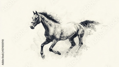 A majestic dark grey horse gallops across a white background, its mane and tail flowing freely. An artistic watercolor effect adds a touch of ethereal beauty. photo