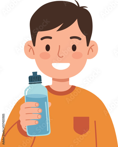A smiling boy holding a water bottle in a casual orange shirt, flat vector art