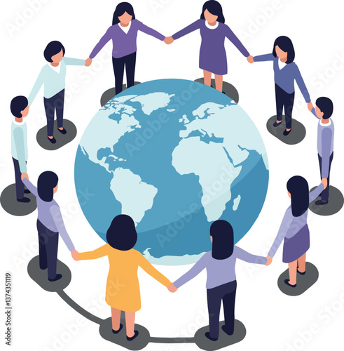Diverse group of people holding hands around a globe in flat vector art