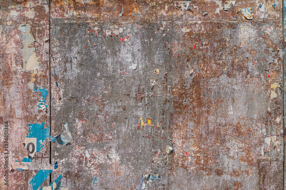 Φωτογραφία Texture of old, weathered wall with layers of paint, rust, remnants of posters in an urban environment