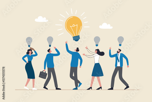 Solution expert solving problem or leader giving advise in meeting discussion, thinking for solution, creativity or professional to help, eureka moment concept, businessman with bright lightbulb.