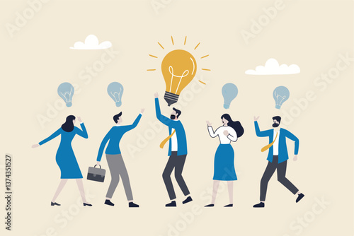 Solution expert solving problem or leader giving advise in meeting discussion, thinking for solution, creativity or professional to help, eureka moment concept, businessman with bright lightbulb.