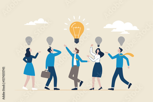 Solution expert solving problem or leader giving advise in meeting discussion, thinking for solution, creativity or professional to help, eureka moment concept, businessman with bright lightbulb.