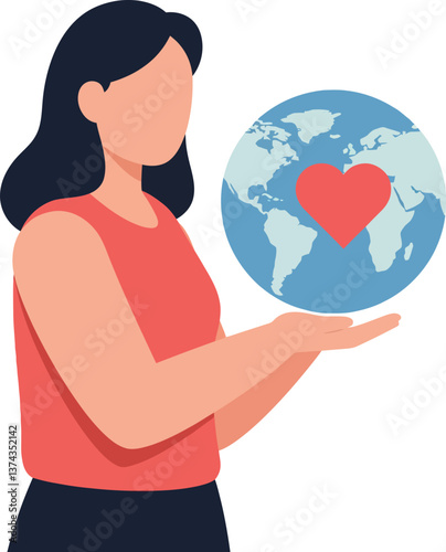 Woman holding a globe with a heart symbol in a flat vector illustration