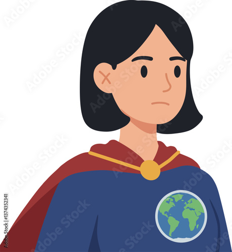 Heroic girl with a cape and globe emblem in flat design vector art