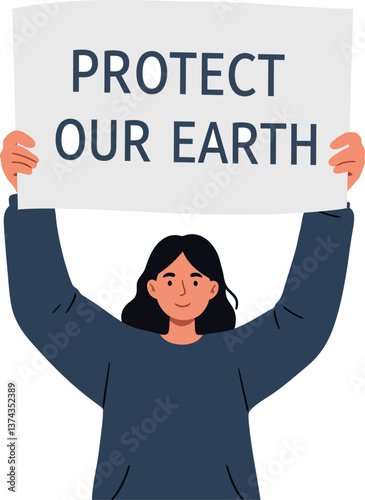 Young woman holding a sign advocating for environmental protection in a minimal vector illustration