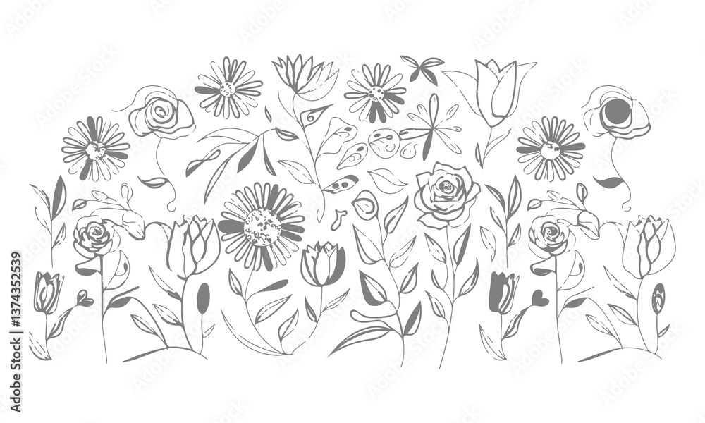 Fototapeta premium Botanical silhouette flower hand drawn on white background