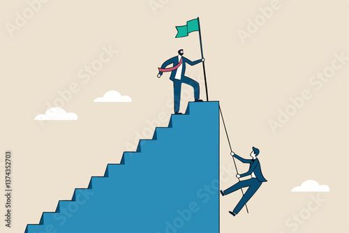 Efficient way to win business competition, productive or effectiveness work, smart easy way to reach goal, better clever solution concept, businessman winner walk up stair to win business competition.