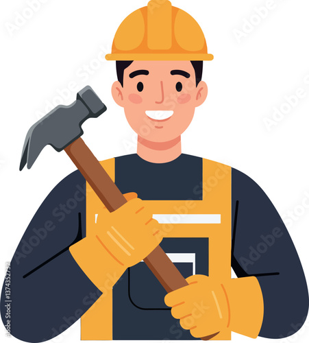 Construction worker smiling while holding a hammer in flat vector art
