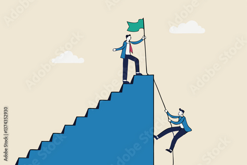 Efficient way to win business competition, productive or effectiveness work, smart easy way to reach goal, better clever solution concept, businessman winner walk up stair to win business competition.