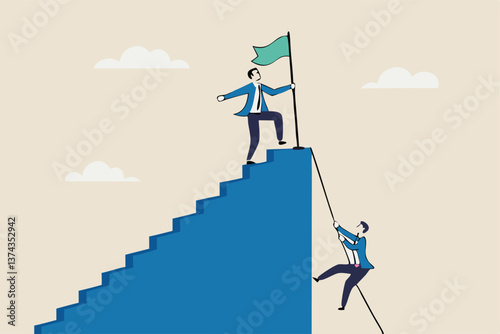 Efficient way to win business competition, productive or effectiveness work, smart easy way to reach goal, better clever solution concept, businessman winner walk up stair to win business competition.
