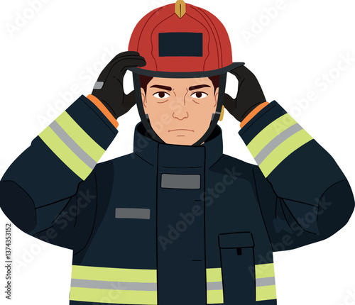 A firefighter preparing for duty in flat vector art, showcasing protective gear and focused expression in a dynamic pose