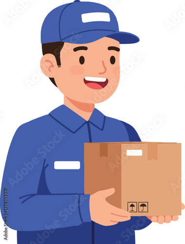 Delivery person holding a cardboard box with a cheerful expression in flat vector art
