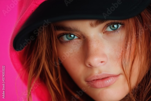 Portrait of a woman in a pink hoodie with a black cap showcasing striking green eyes and natural beauty