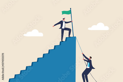 Efficient way to win business competition, productive or effectiveness work, smart easy way to reach goal, better clever solution concept, businessman winner walk up stair to win business competition.
