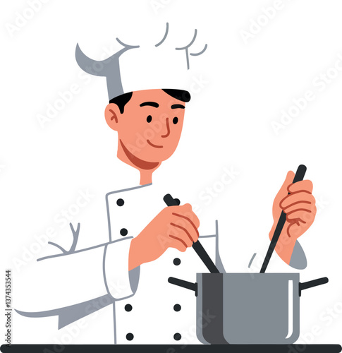 Chef in a white uniform stirring a pot in a minimal style vector illustration