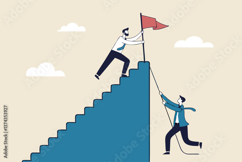 Efficient way to win business competition, productive or effectiveness work, smart easy way to reach goal, better clever solution concept, businessman winner walk up stair to win business competition.