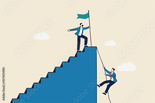Efficient way to win business competition, productive or effectiveness work, smart easy way to reach goal, better clever solution concept, businessman winner walk up stair to win business competition.
