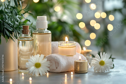 serene spa setting featuring essential oils, candles, and fresh flowers, creating calming atmosphere for relaxation and self care. soft glow of lights enhances tranquil vibe