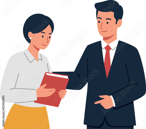 Two professional individuals exchanging a book in a bright office setting, flat vector illustration