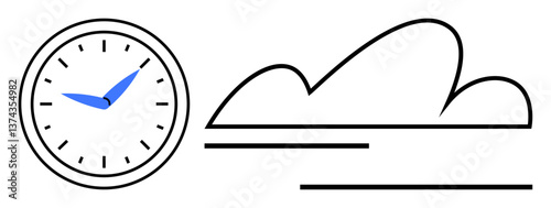Clock with blue hands and stylized cloud suggests time, weather, and minimalism. Ideal for scheduling, forecasting, productivity, planning, lifestyle, modern design flat simple metaphor