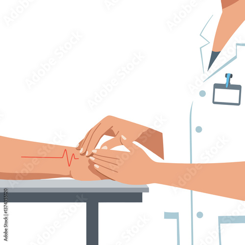 Doctor examining patient’s pulse in minimal flat design vector art