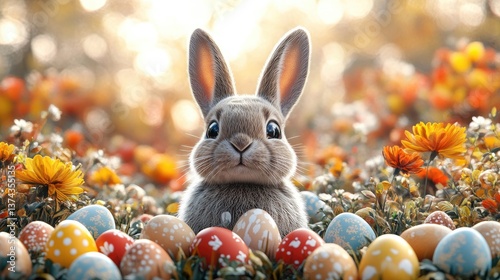 Festive Easter backdrop featuring vibrant eggs and a charming bunny, 3D rendered illustration with holiday ambiance
