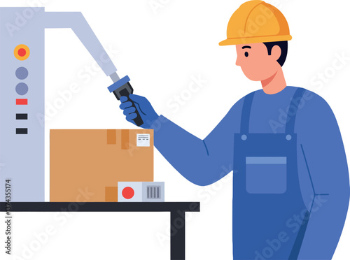 Warehouse worker scanning packages with a barcode reader in a minimal vector illustration