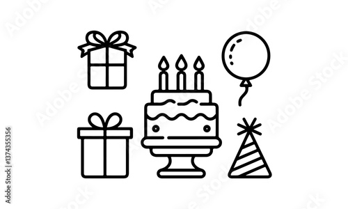 A black and white illustration of birthday party elements including cake candles balloons hats gifts