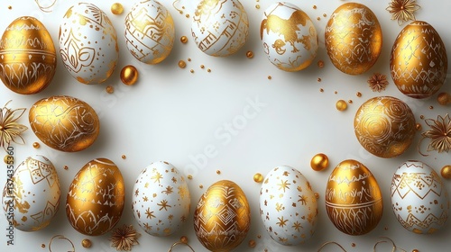 Luxurious Golden Easter Eggs with Patterns on a White Background, Simple and Elegant Design with Space for Text, Perfect for Festive Decorations
