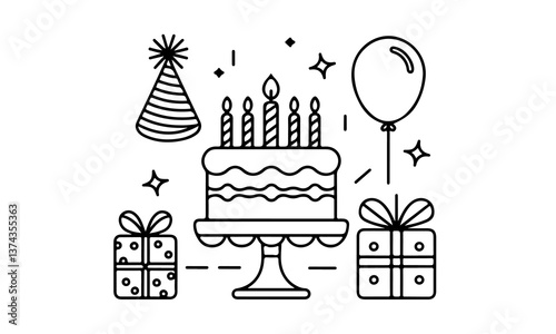 A black and white illustration of birthday party elements including cake candles balloons hats gifts