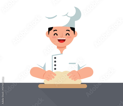 Cheerful chef kneading dough in a minimal style kitchen, showcasing culinary skills in vibrant vector art