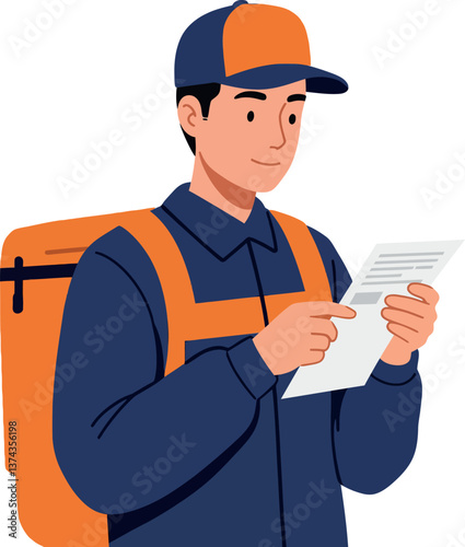 Delivery person in uniform checking a receipt with an orange backpack in flat vector art