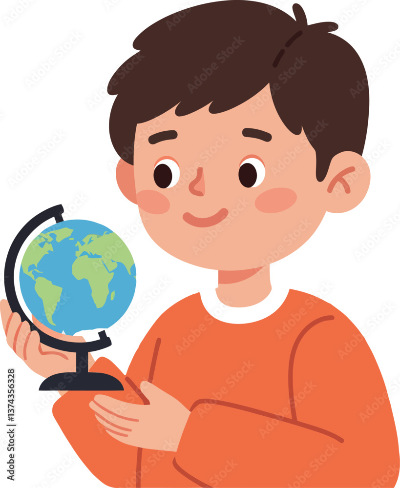 A young boy holding a globe with curiosity in a flat design vector illustration A young boy holding a globe with curiosity in a flat design vector illustration