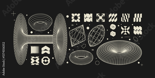 Vector graphic assets kit acid style, Postmodern abstract geometric shapes with wireframe elements of different forms, Y2K trendy design in brutalism aesthetic, template symbols set 9